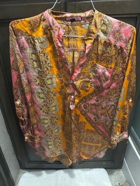 Anthro Meadow Rue Paisley Silk Blouse in Mustard & Pink